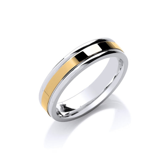 5mm Flat Court Wedding Band Two Colour Parallel Groove 9ct White and Yellow Gold