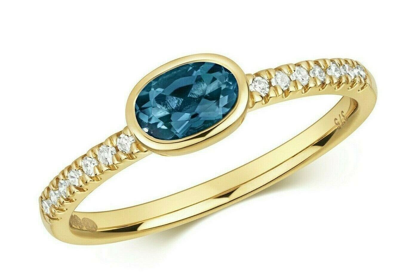Real London Blue Topaz and Diamond Ring Solid Yellow Gold Oval Stone Size J-Q