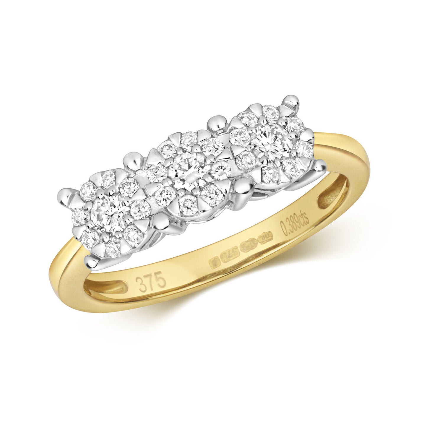 Real Diamond Trilogy Ring 9ct Yellow Gold Three Cluster Engagement 0.39ctw