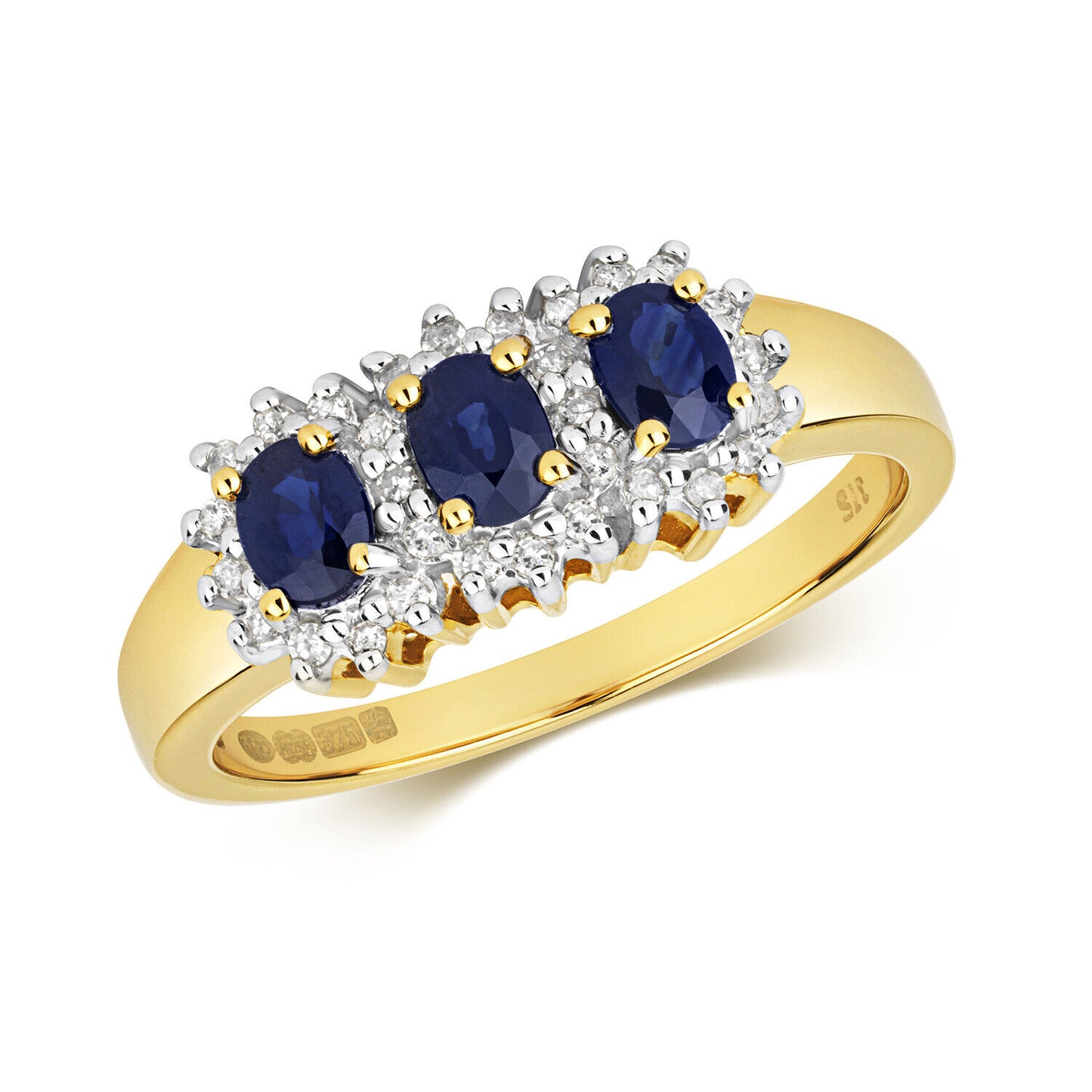 9ct Yellow Gold Sapphire and Diamond Ring Three Stone Cluster Trilogy Size J - Q