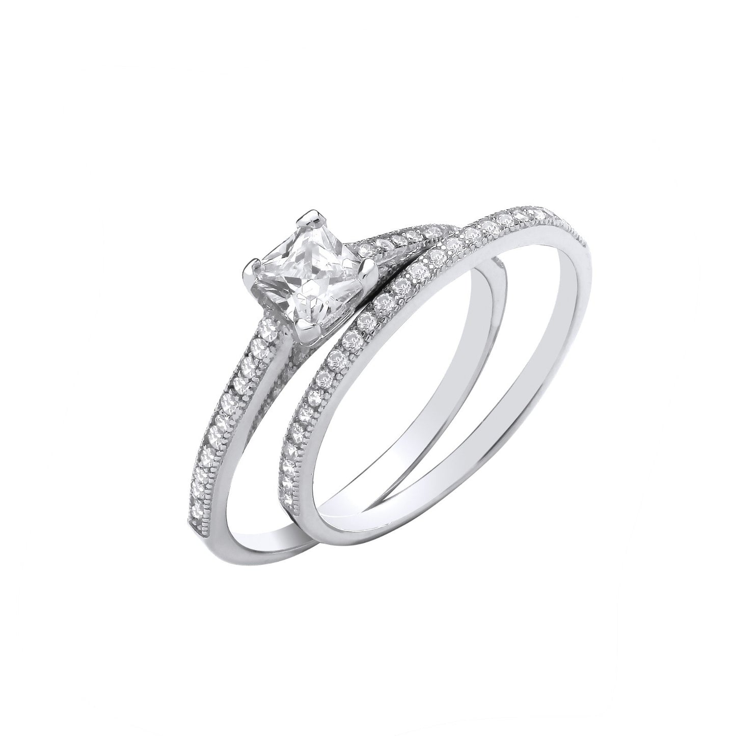 Sterling Silver Bridal Set Princess Cut Centre Zircon Half ET Rings 925 Hallmark