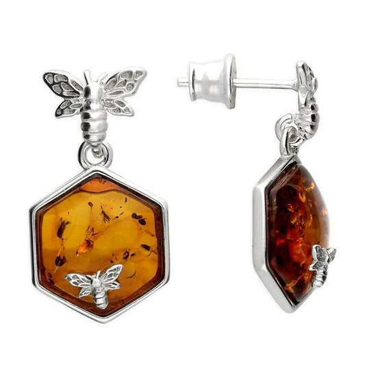 Cognac Baltic Amber Flying Bee Drop Earrings Solid Sterling Silver 925