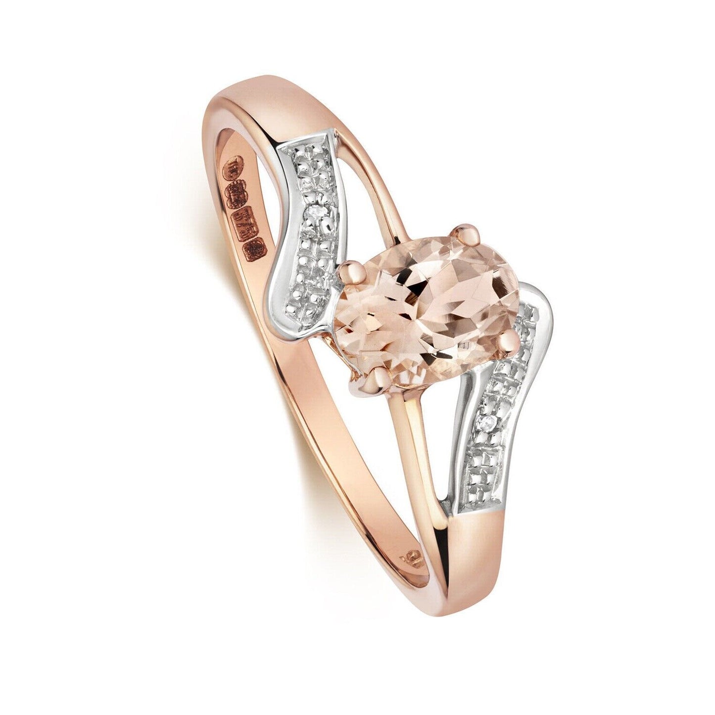 Real Morganite and Diamond Ring Solid Rose Gold Twist Split Shoulder Size J-Q
