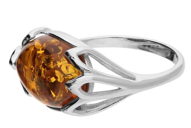 Oval Cognac Amber Sunflower Ring Solid Sterling Silver 925 Brand New
