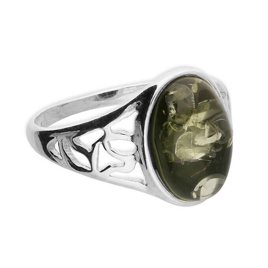 Green Amber Oval Statement Ring With Decorative Shoulders Solid Sterling Silver