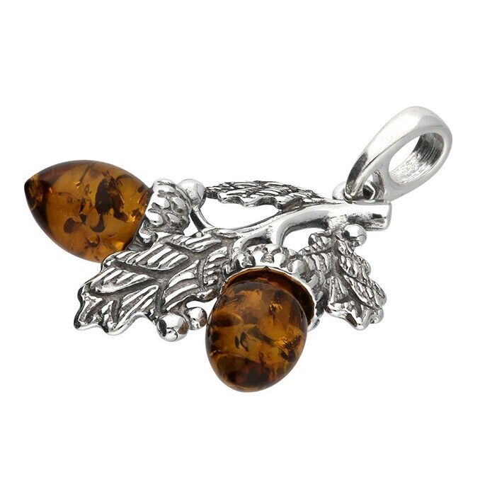Cognac Baltic Amber Double Acorn Pendant Necklace Solid 925 Sterling Silver