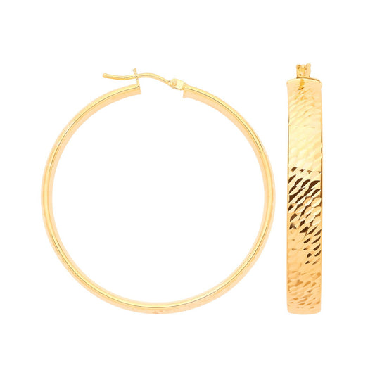 Yellow Gold Wide Hoop Earrings Diamond Cut 35mm Hoops Hallmarked