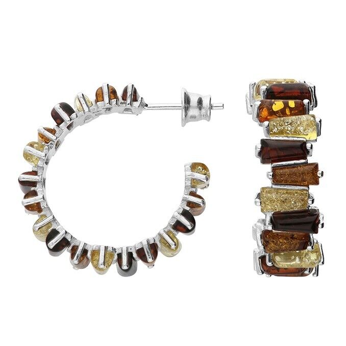 Mixed Amber Abstract Stud Hoop Earrings Solid Sterling Silver 925