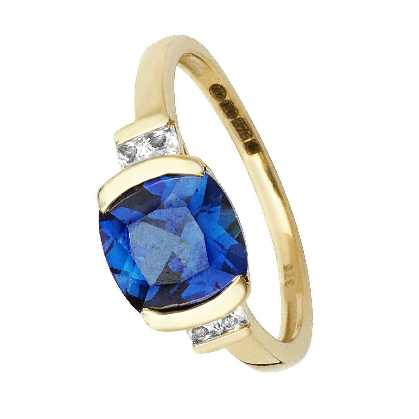 Yellow Gold Sapphire Ring Cushion Solitaire White Sapphire Engagement Hallmarked