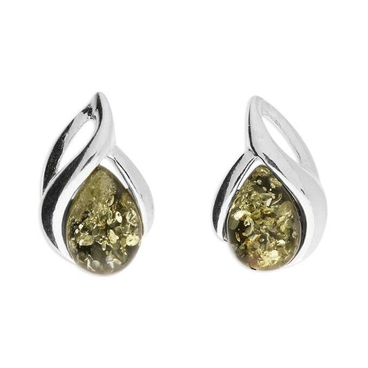 Green Amber Abstract Teardrop Stud Earrings Solid Sterling Silver 925