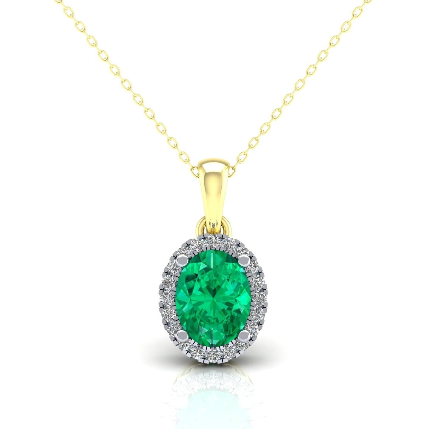 Emerald Oval Cluster Pendant Solid 9ct Yellow Gold 18" Chain Hallmarked