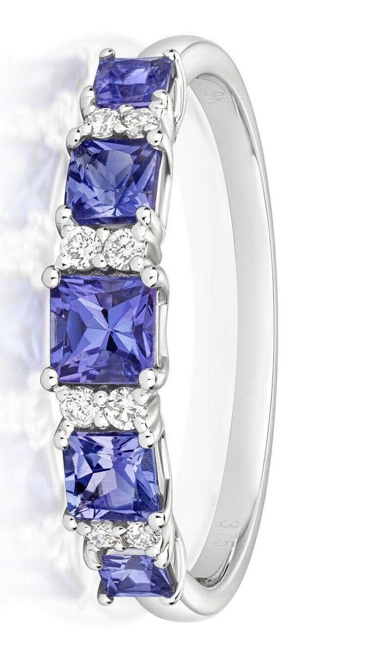 Real Tanzanite and Diamond Eternity Ring Solid White Gold Princess Cut Gems Band