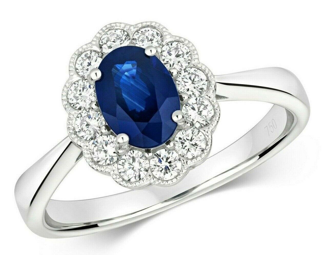 Real Sapphire and Diamond Ring 18ct White Gold Oval Flower Cluster