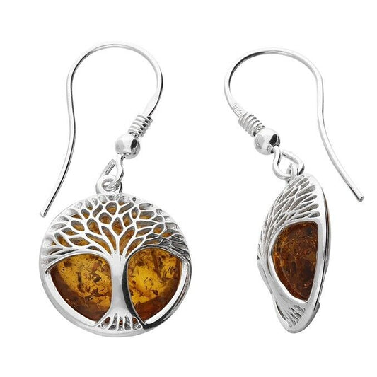 Cognac Amber Tree of Life Earrings Drop Solid Sterling Silver 925