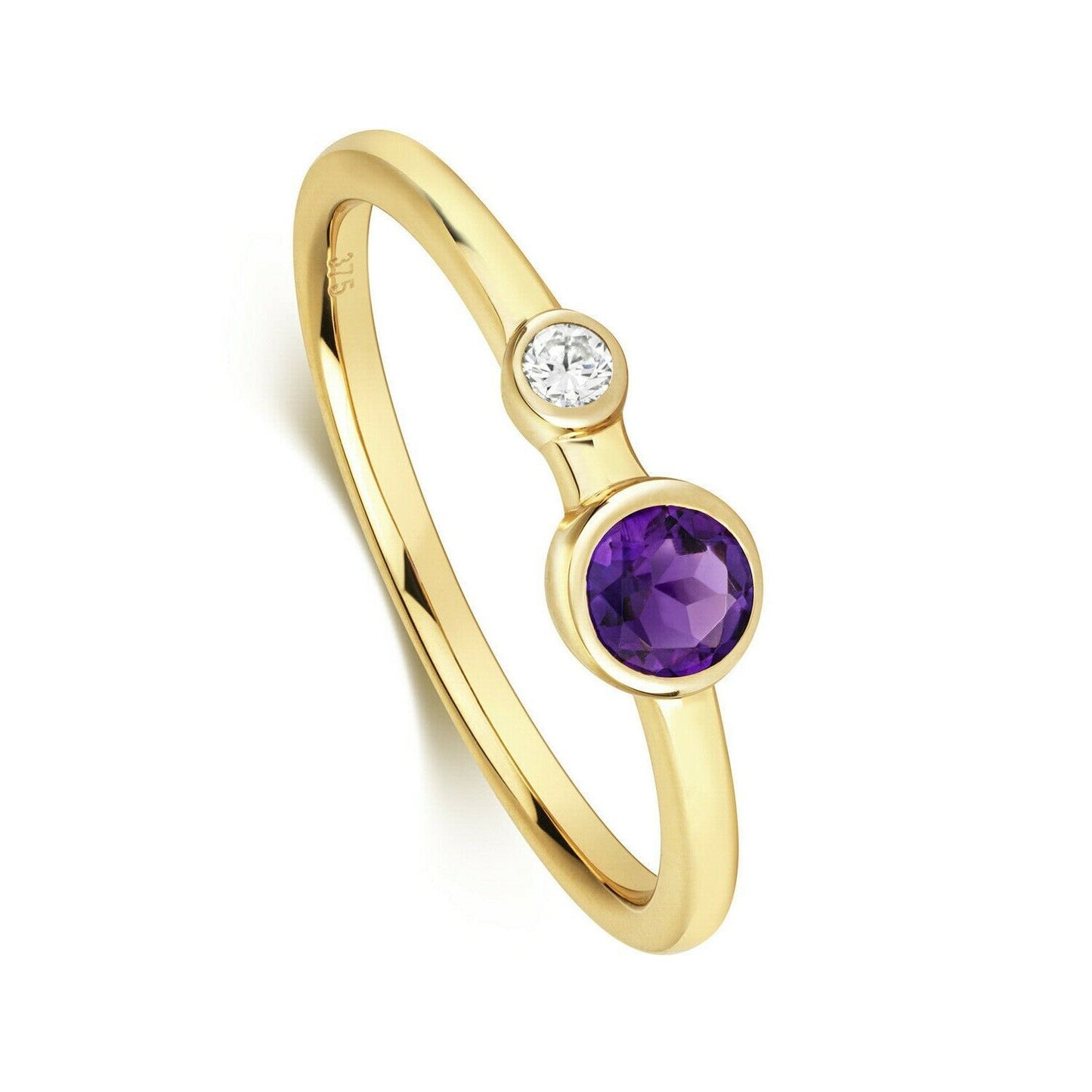 Real Amethyst and Diamond Ring Solid Yellow Gold Elegant Two Stone Ring Size J-Q