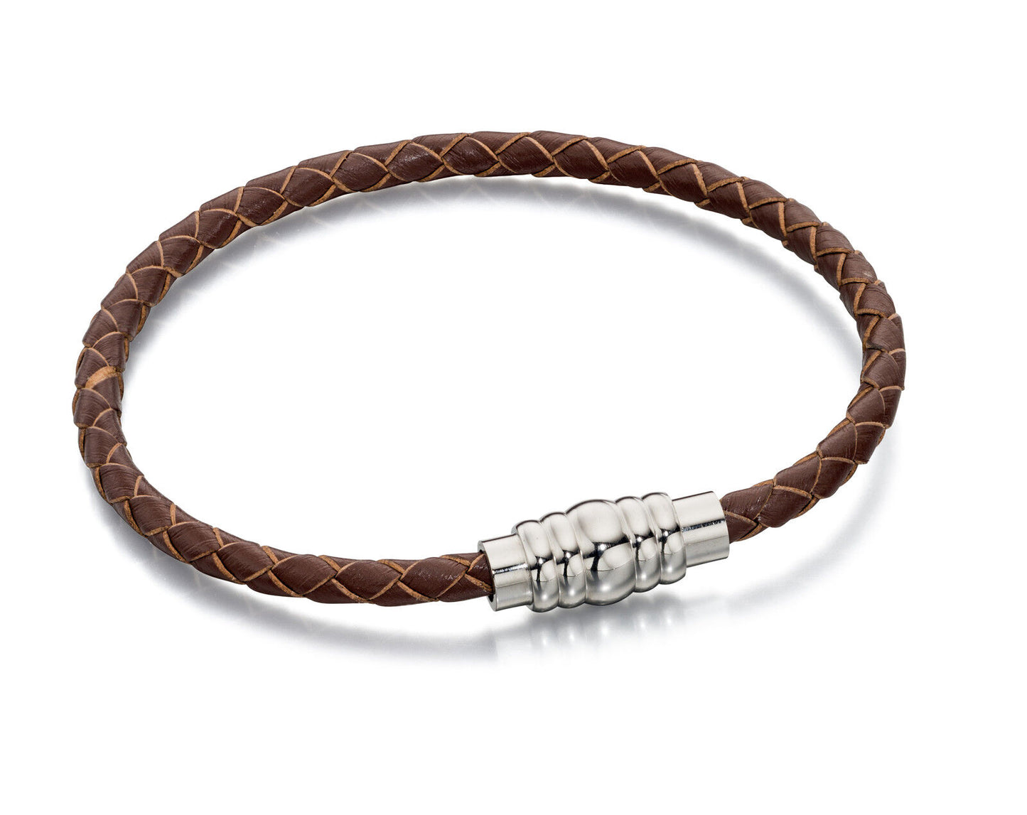 Fred Bennett Stainless Steel Skinny Brown Leather Magnetic Bracelet 21cm
