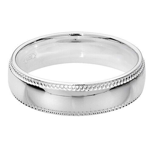 Sterling Silver Wedding Band Ring 5mm Wide Millgrain Traditional Court