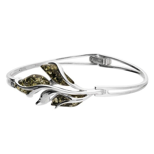 Green Amber Leaf Bud Bangle Solid Sterling Silver Hallmarked