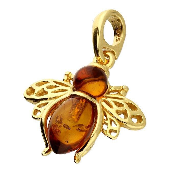 24k Gold Amber Bee Pendant With Chain on Solid Sterling Silver 925