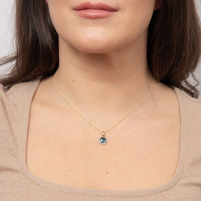 London Blue Topaz and Diamond Set Yellow Gold Pendant Earrings 16 18 20" Chain