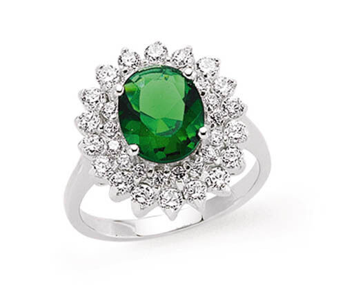 Sterling Silver Emerald Oval Cluster Ring 925 Hallmark Platinum Plated