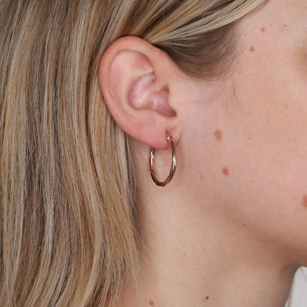 Rose Gold 25mm Twist Hoop Earrings Round Tubular Hoops Hallmarked