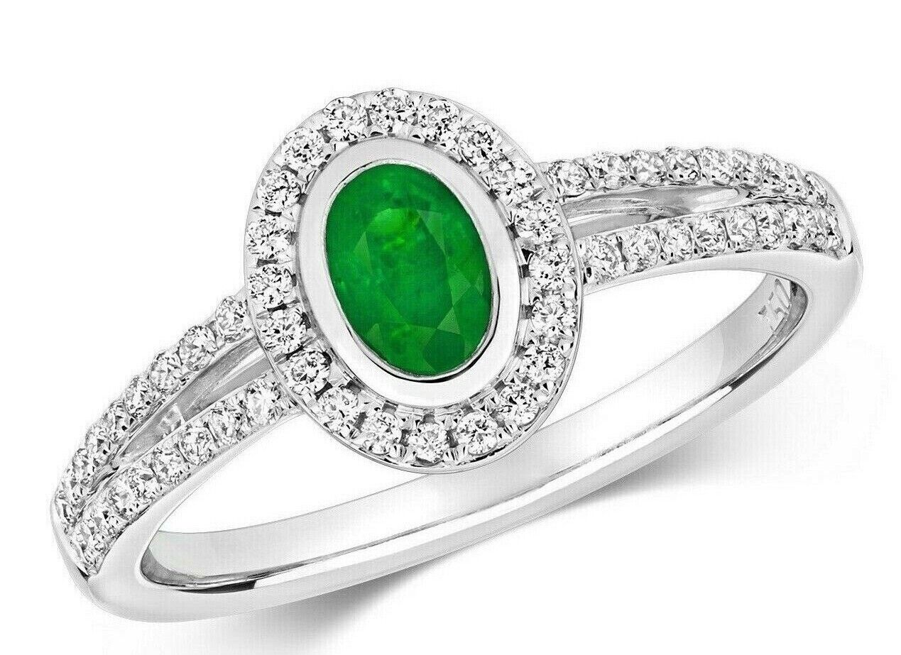 Real Emerald and Diamond Ring 18ct White Oval Halo Cluster Split Shank