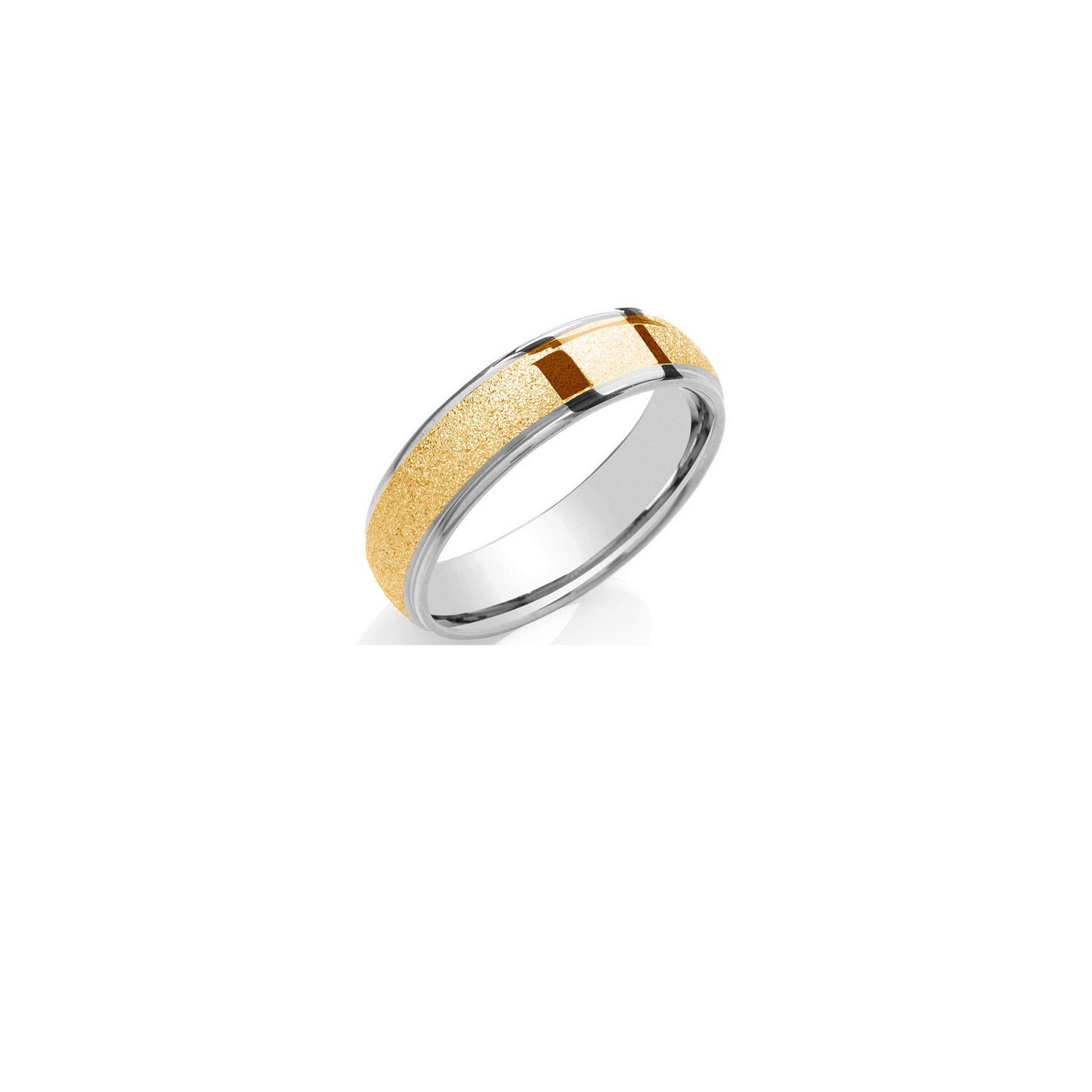 6mm Court Wedding Ring 18k White and Yellow Gold Sandblast Centre Polished Edges