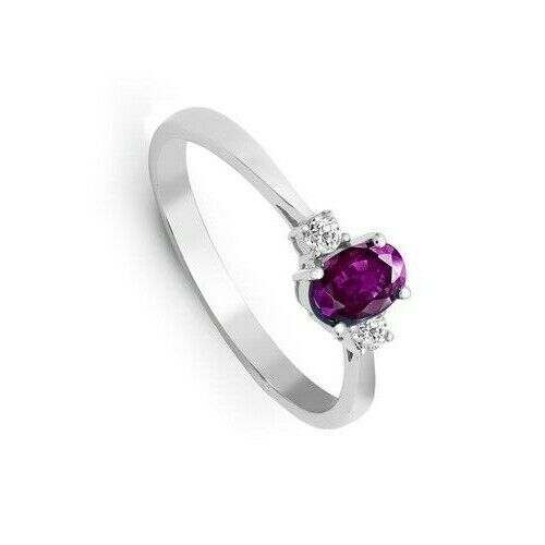 Real Amethyst and Diamond Ring 18ct White Gold Three Stone Trilogy