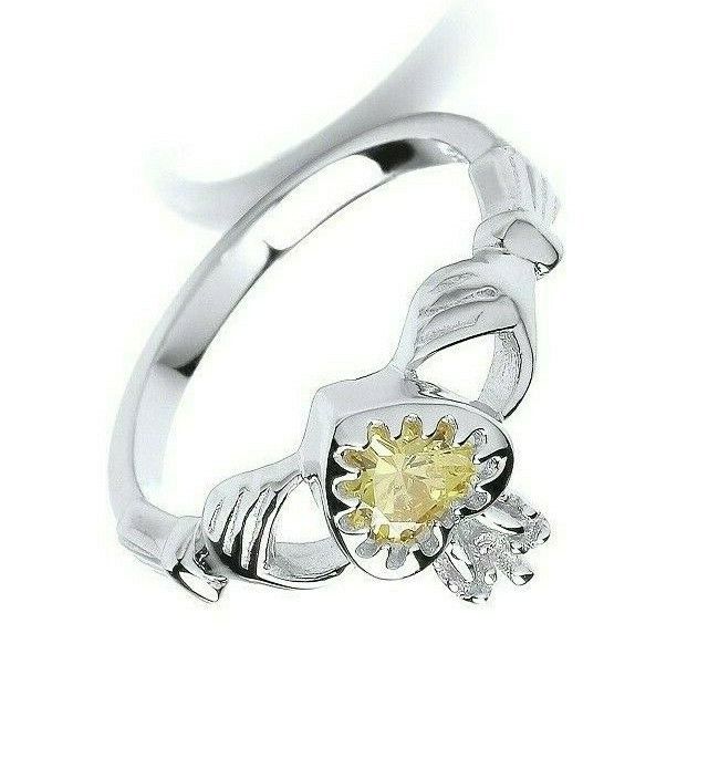 Yellow Topaz Claddagh Ring Sterling Silver Hallmarked Rhodium Finish British