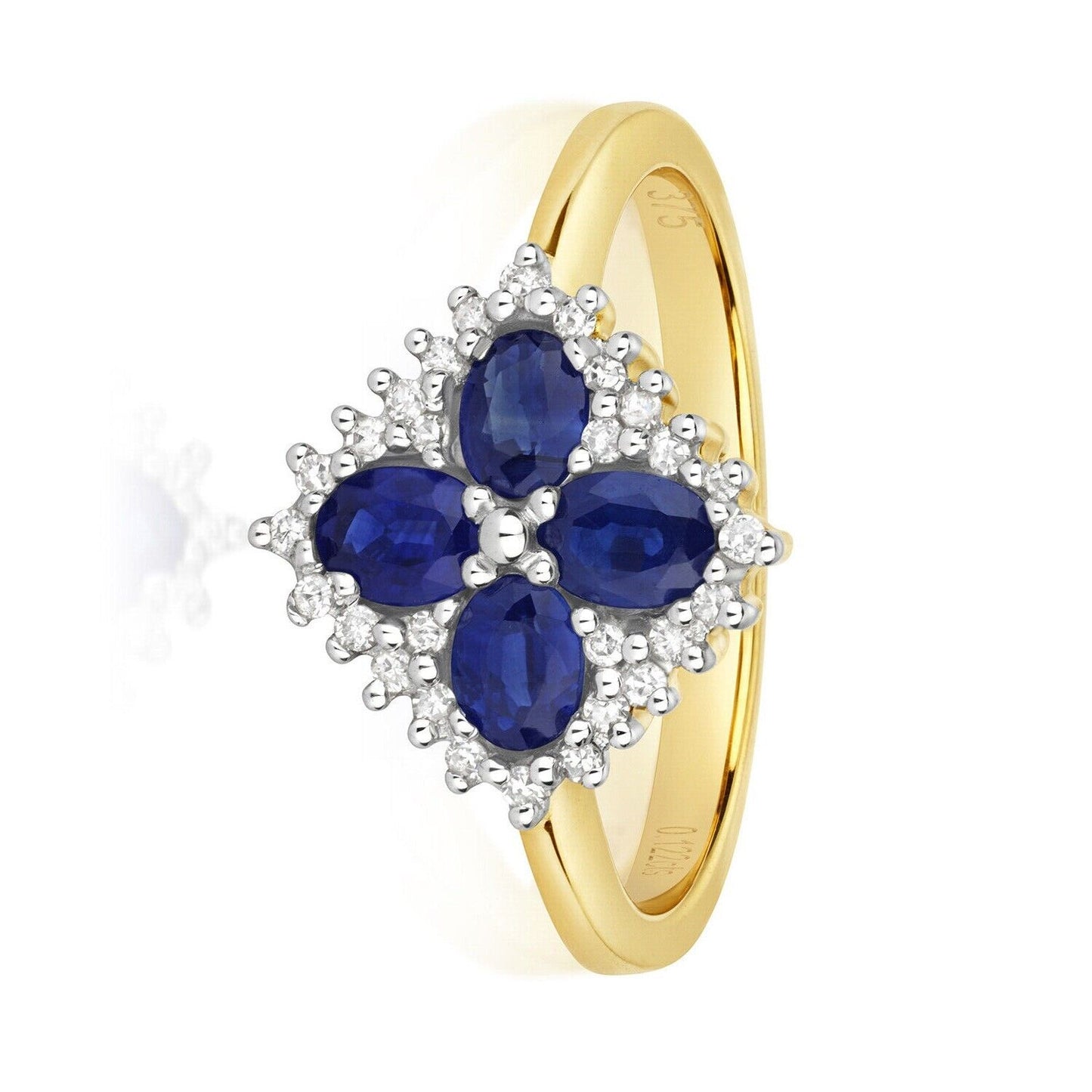 Real Sapphire and Diamond Ring 9ct Yellow Gold Four Oval Cluster Size JKLMNOPQ