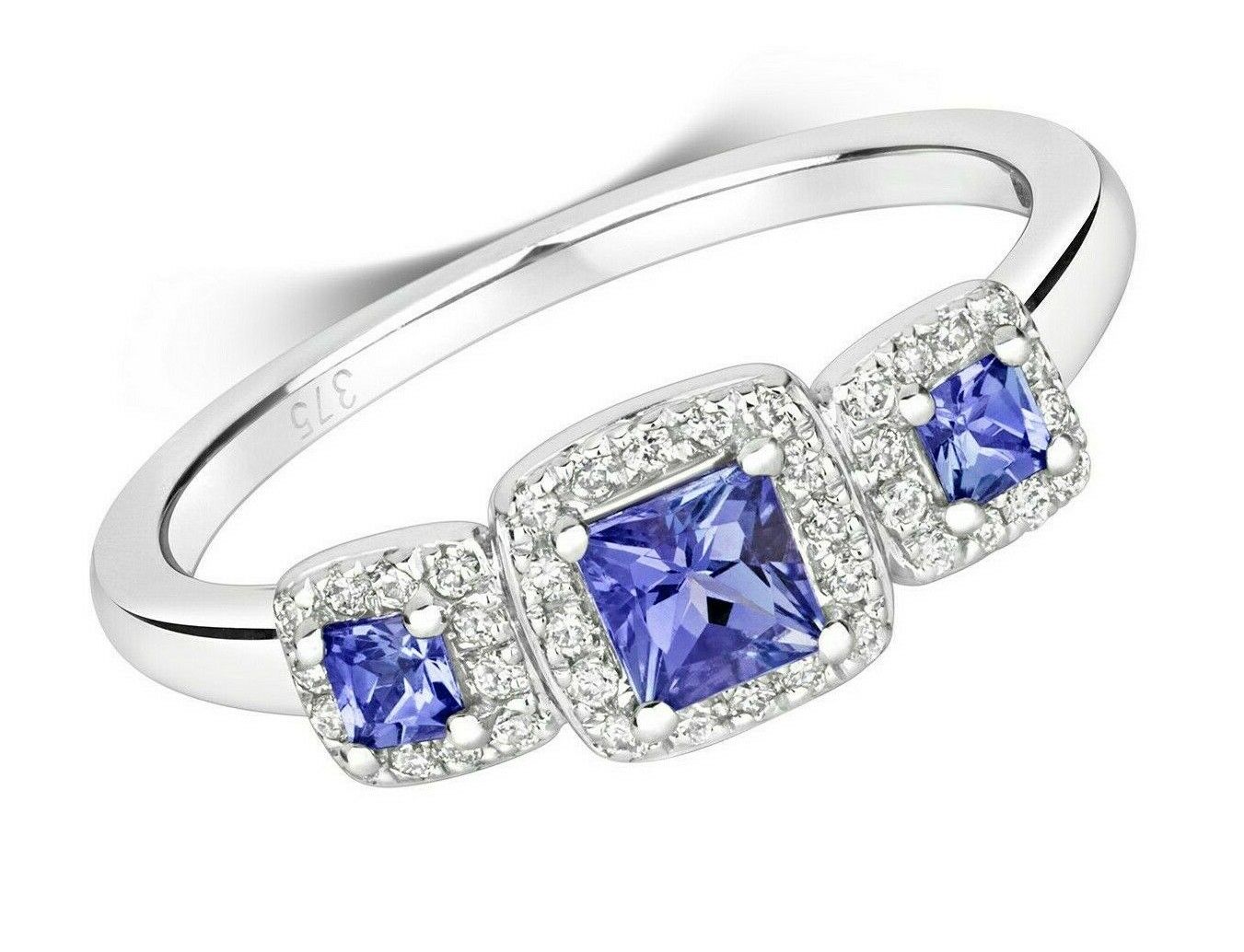 Real Tanzanite and Diamond Ring 9ct White  Gold Three Stone Cluster Size J - Q