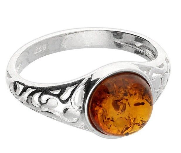 Cognac Amber Ring With Swirl Cut Out Shoulders Solid Sterling Silver 925