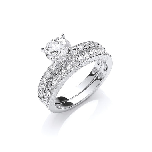 Sterling Silver Bridal Set Zircon Solitaire With Half Eternity Ring 925 Hallmark