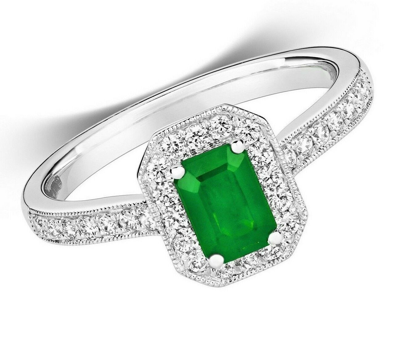 Real Emerald and Diamond Ring 9ct White Gold Octagon Cluster Size J-Q