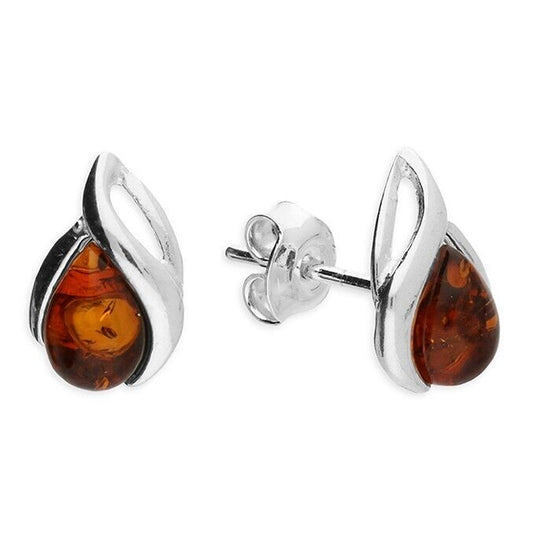 Cognac Amber Abstract Teardrop Stud Earrings Solid Sterling Silver 925