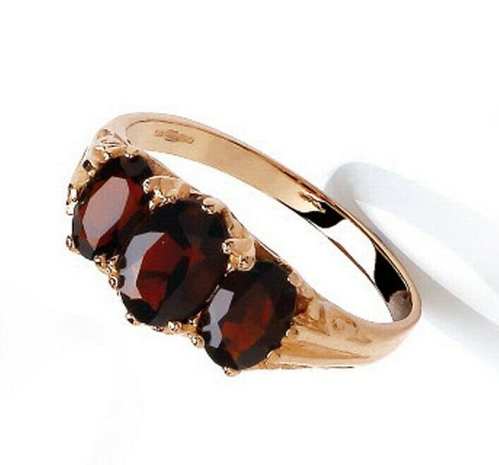 Real Garnet Three Stone Ring Solid 9ct Yellow Gold Trilogy Fully Hallmaked