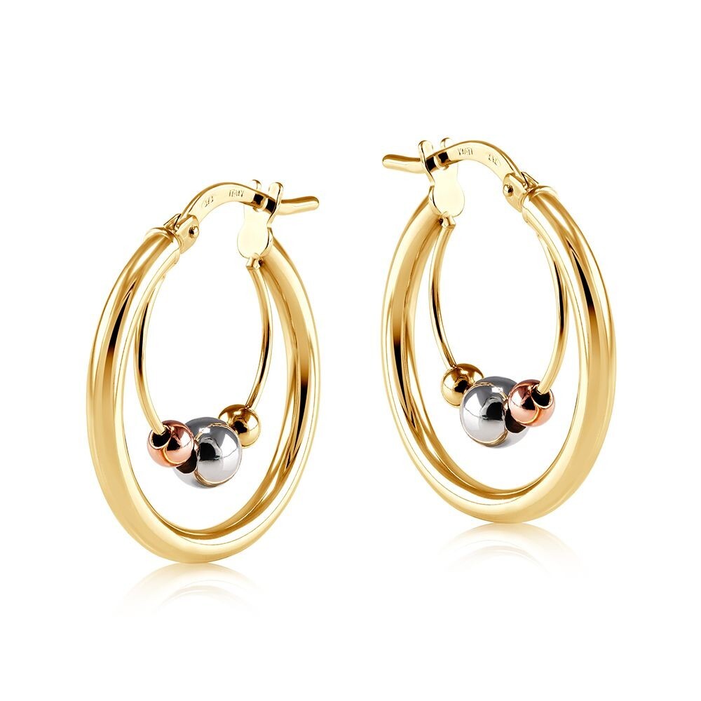 9ct Yellow Gold Hoop Earrings With Three Colour Gold Balls Hallmarked 20mm