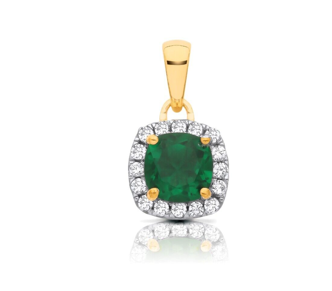 Emerald Cushion Cluster Pendant Solid 9ct Yellow Gold 18" Chain Hallmarked