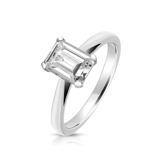 Sterling Silver 4 Claw 8x6mm Emerald Cut Solitaire Ring 925 Hallmark Rhodium