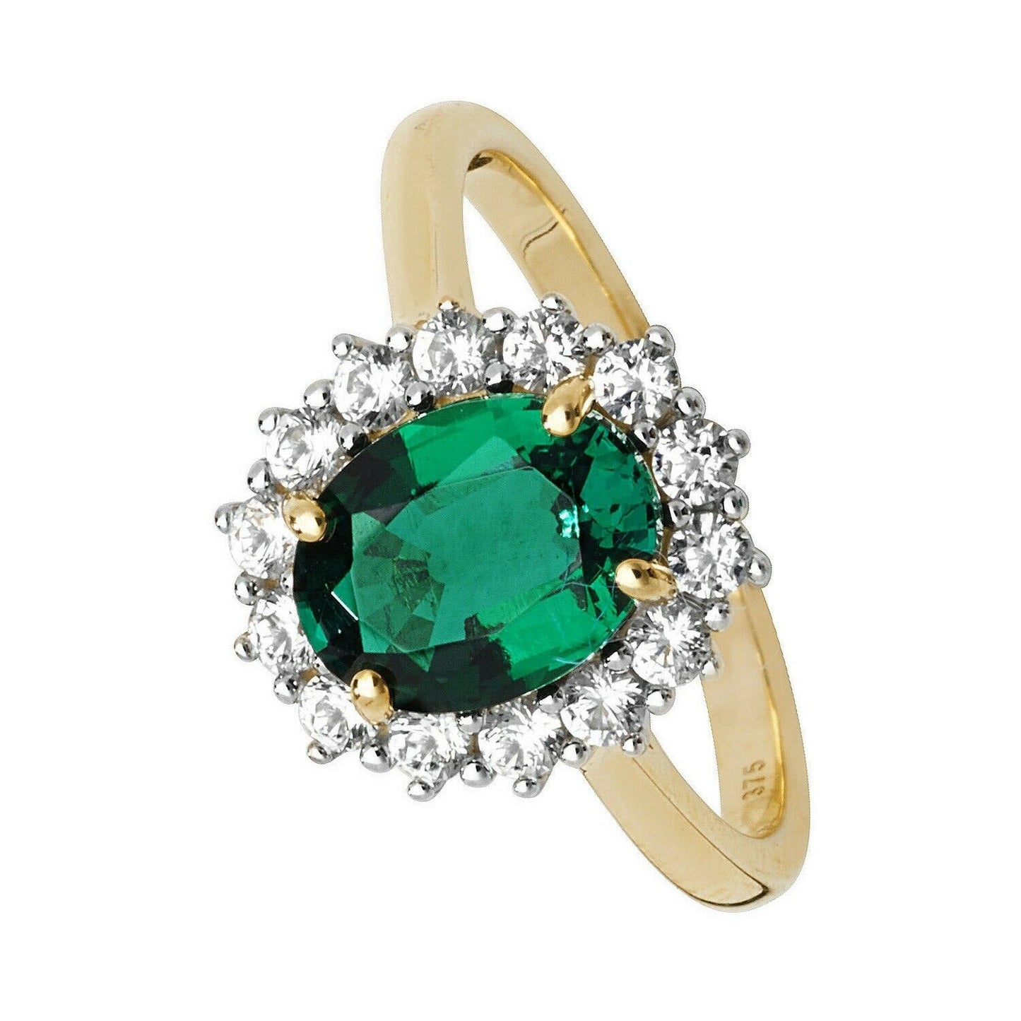 Yellow Gold Emerald Ring White Sapphire Engagement Cluster Dress Hallmarked