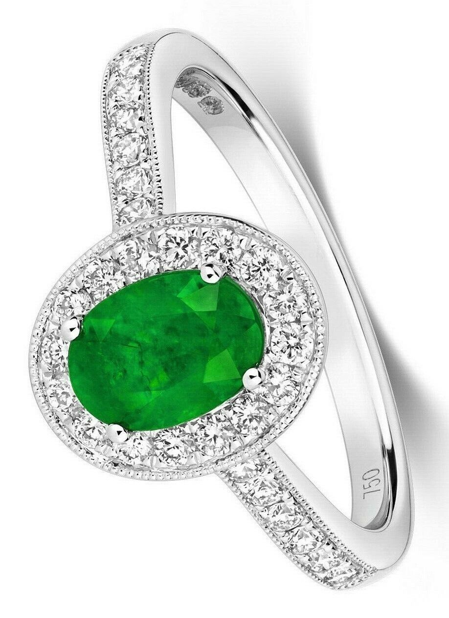Real Emerald and Diamond Oval Ring 18ct White Gold Halo Cluster