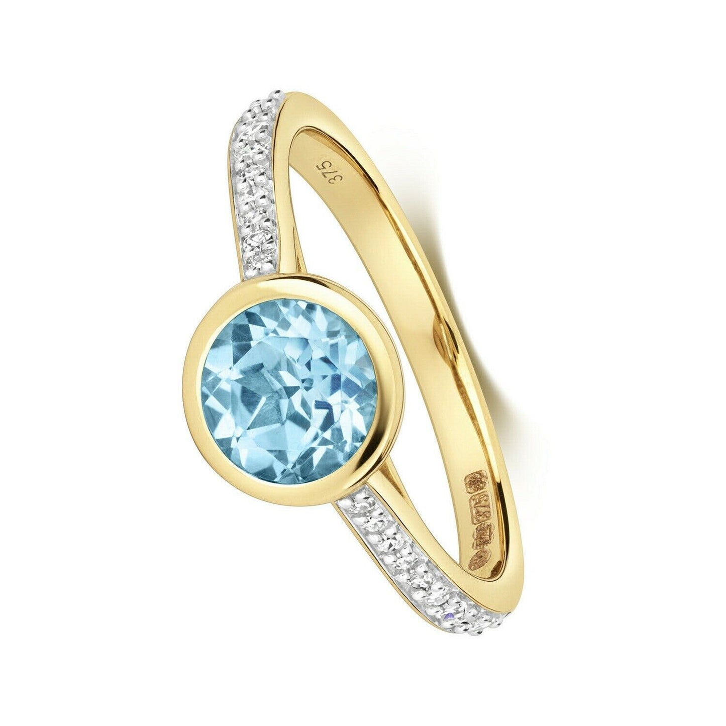 Real Swiss Blue Topaz and Diamond Ring Solid Yellow Gold Solitaire Size JKLMNOPQ