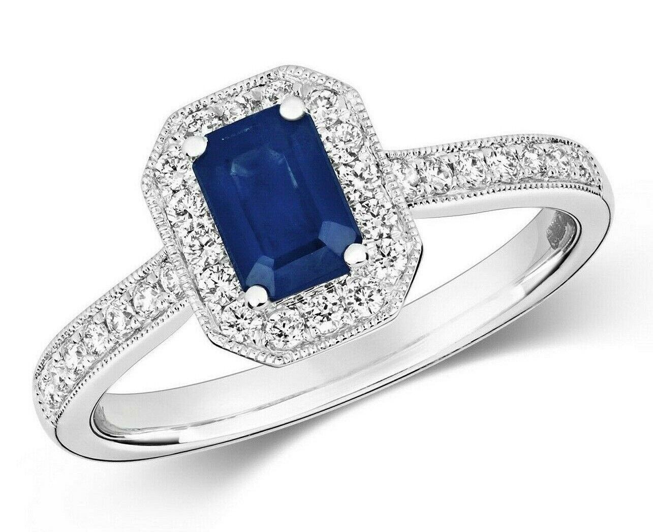Real Sapphire and Diamond Ring 9ct White Gold Octagon Cluster Size J-Q