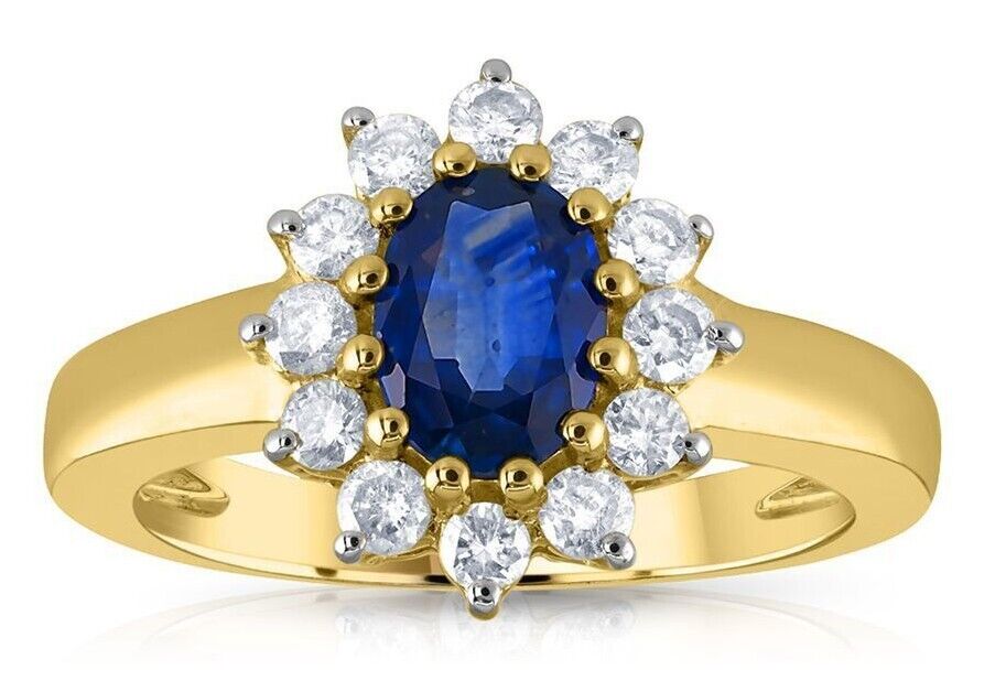 Real Sapphire and Diamond Ring 9ct Yellow Gold Cluster 1.12 Carat Weight
