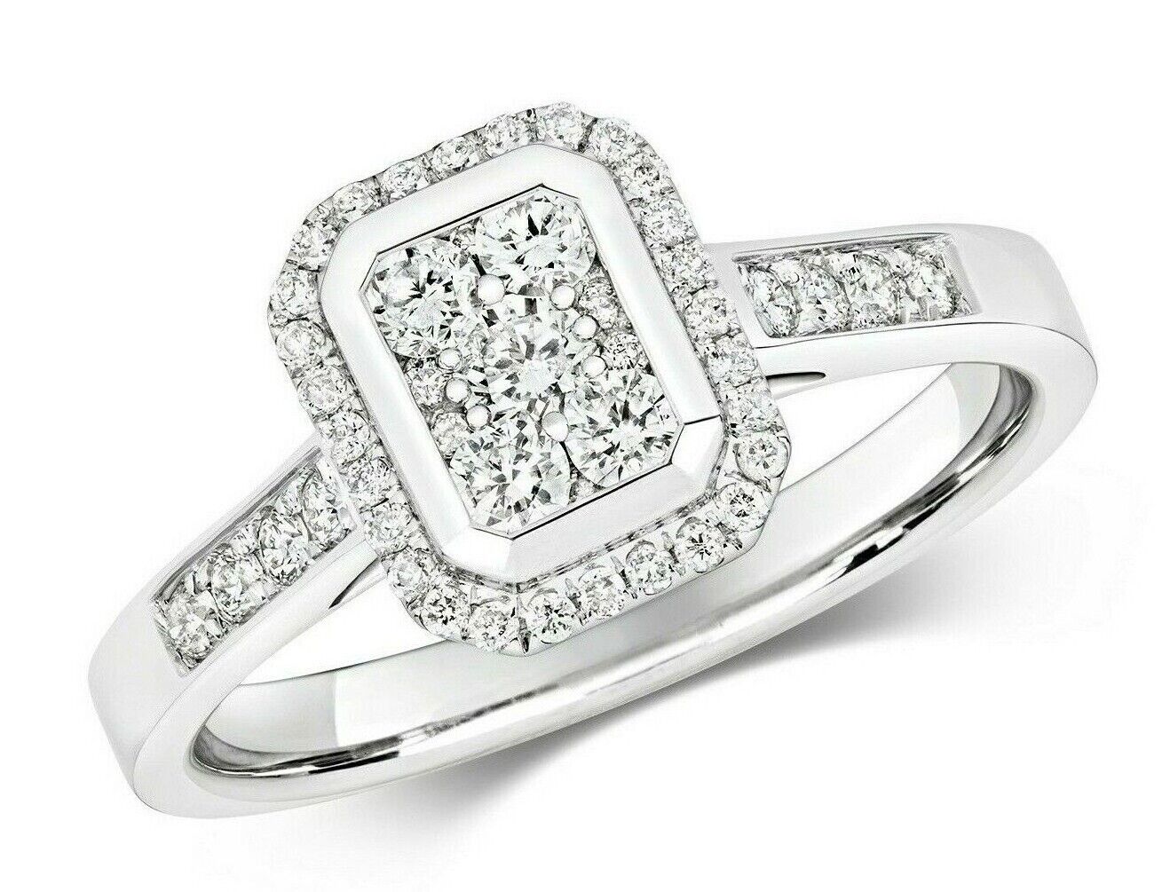 Real Diamond Ring 9ct White Gold Square Rectangular Cluster 0.50 Carat Weight
