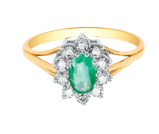 9ct Yellow Gold Emerald Ring Cluster Engagement Dress Fully Hallmarked