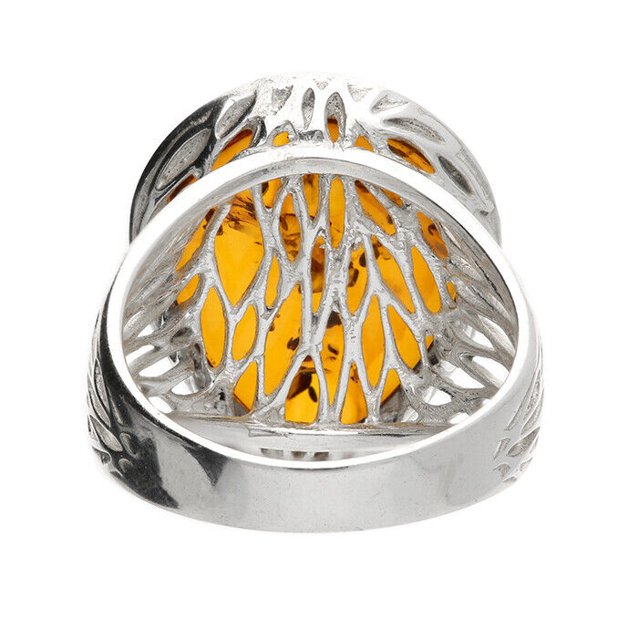 Cognac Amber Teardrop Ring Open Patterned Shoulders Solid Sterling Silver 925