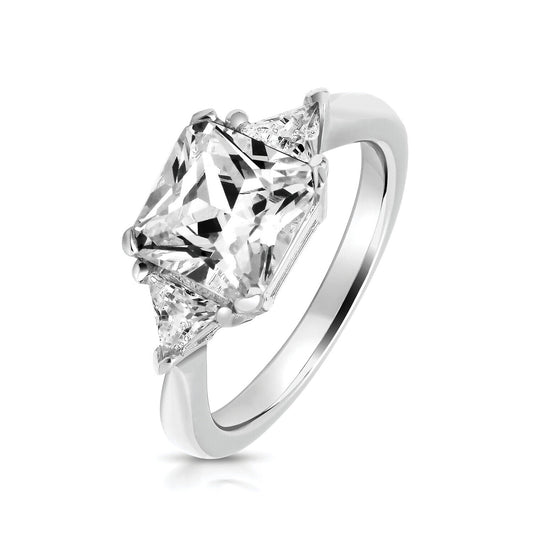 Sterling Silver Trilogy Ring 8mm Asscher Centre Gemstone 4mm Trillion Shoulders