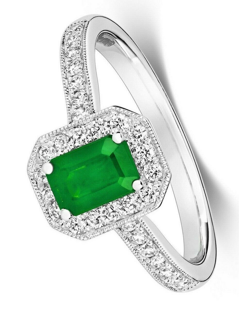 Real Emerald and Diamond Ring 9ct White Gold Octagon Cluster Size J-Q